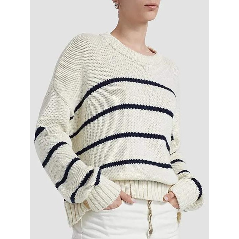 Jenni Kayne Chloe Crewneck Sweater M Ivory Black Stripe Quiet Luxury